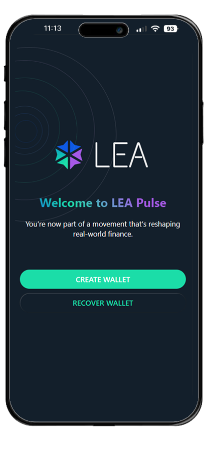 LEA Pulse mobile app wallet setup interface for creating a secure non-custodial LEA blockchain wallet
